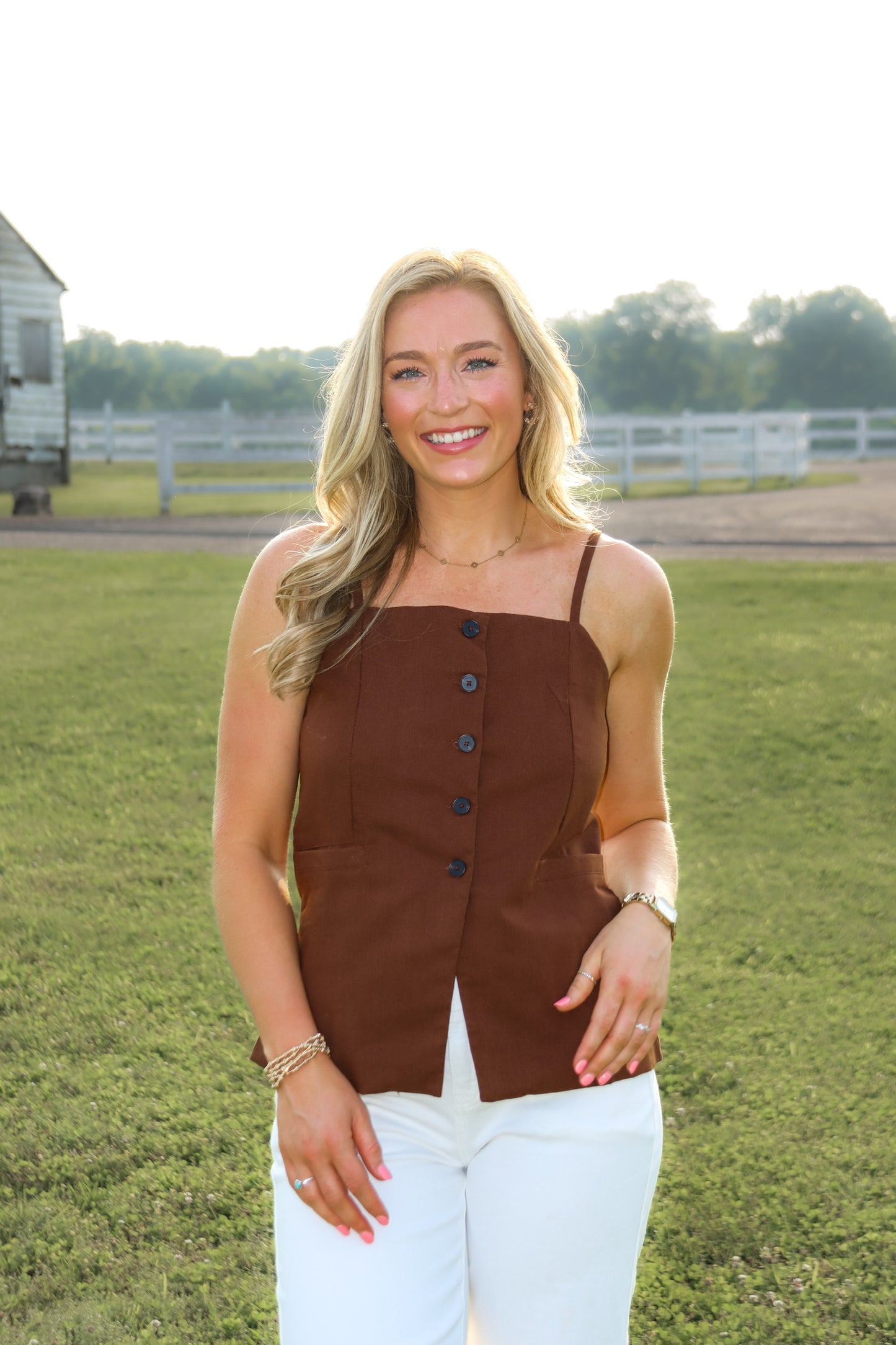 Can't Be Tamed Brown Button Tank