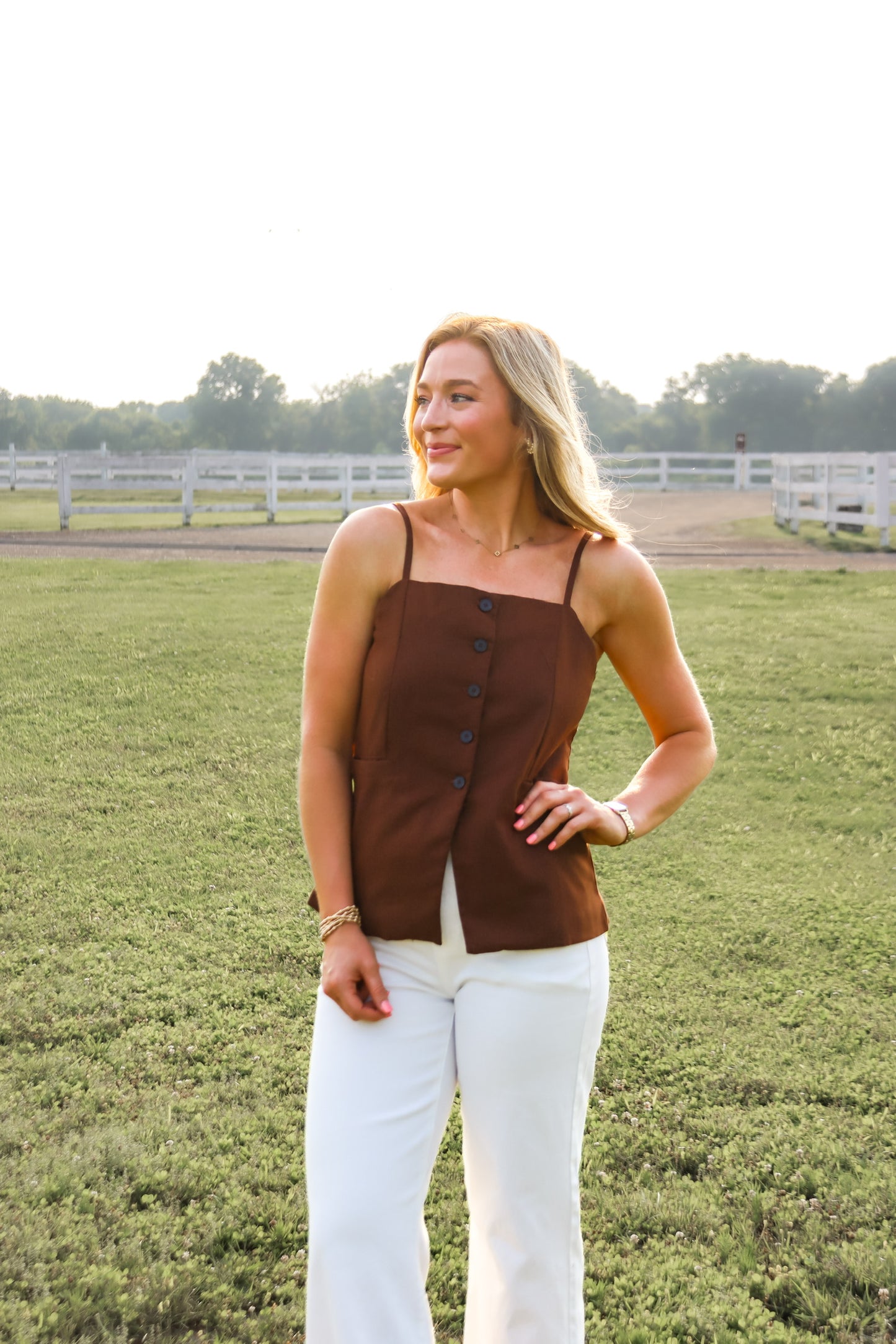 Can't Be Tamed Brown Button Tank