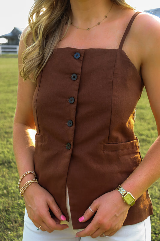 Can't Be Tamed Brown Button Tank